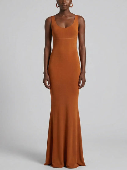 Burnt Orange Stretch Knit Maxi Dress - Dresses