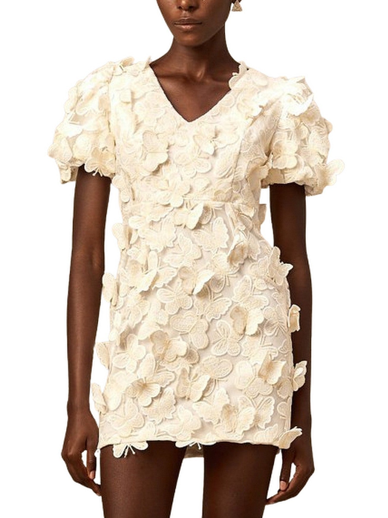 Butterfly-Appliques Puff-Sleeve Mini Dress - S - Dresses