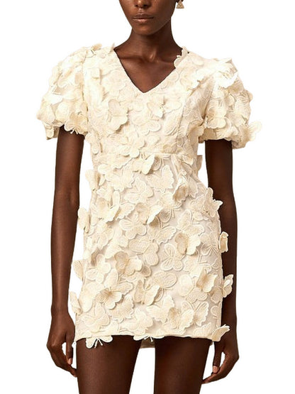 Butterfly-Appliques Puff-Sleeve Mini Dress - S - Dresses