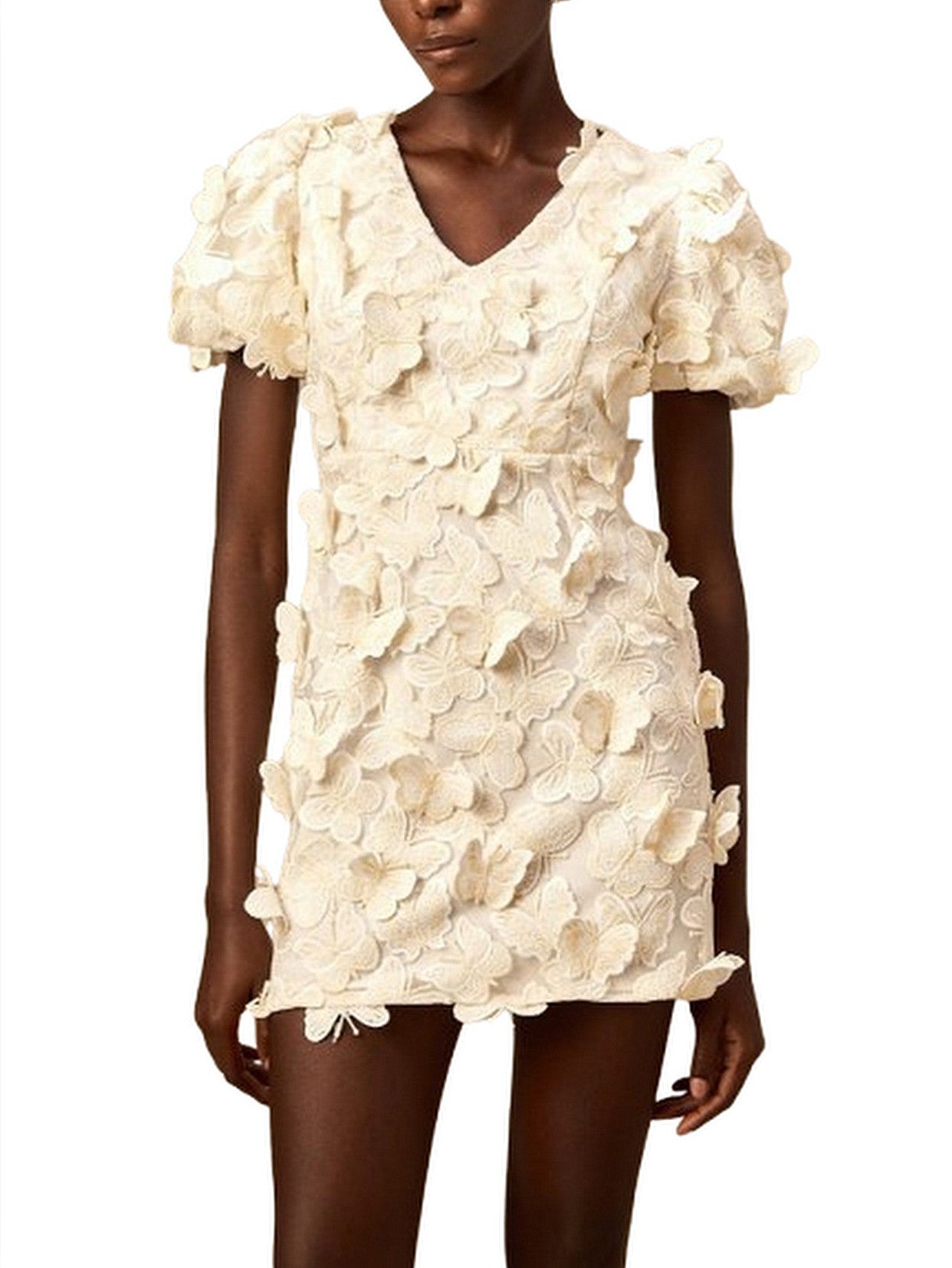 Butterfly-Appliques Puff-Sleeve Mini Dress - Dresses