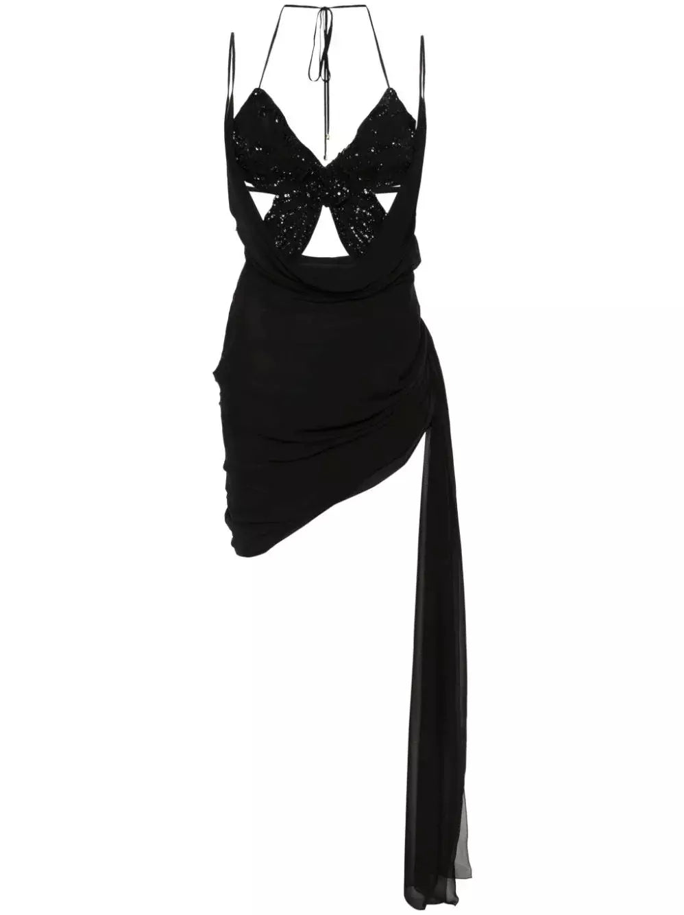 Butterfly-Embellished Draped Silk Mini Dress in Black Branna Couture