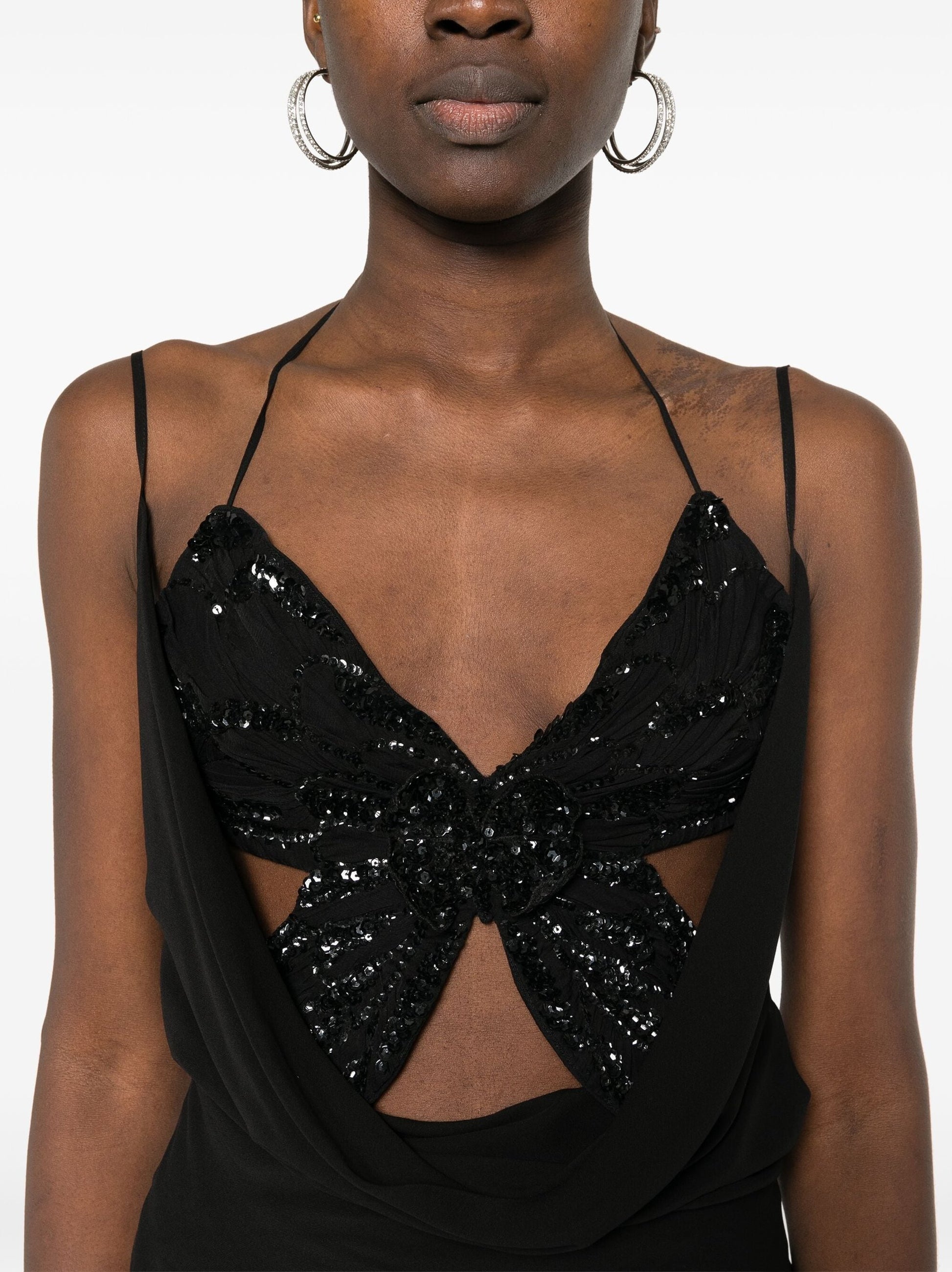 Butterfly-Embellished Draped Silk Mini Dress in Black Branna Couture