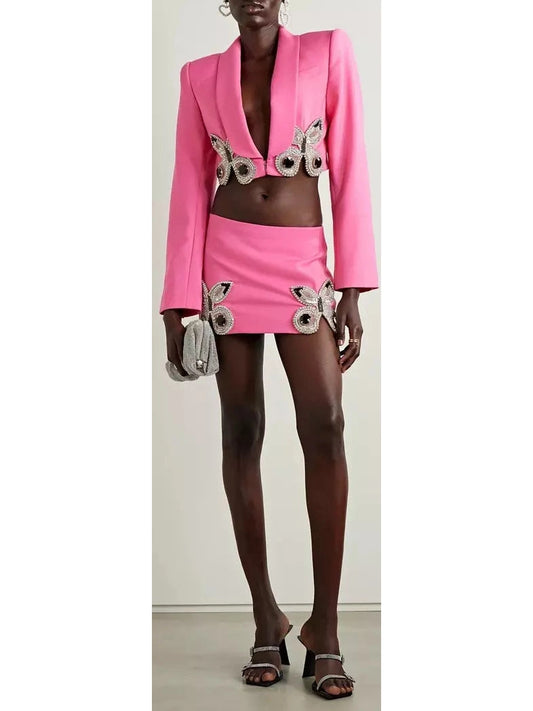 Butterfly-Embroidered Cropped Blazer and Mini Skirt Set in Pink - Branna Couture