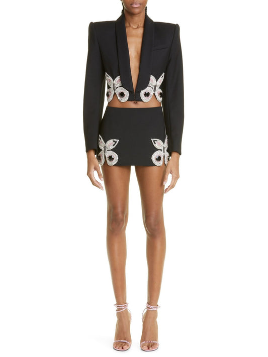 Butterfly-Embroidered Cropped Blazer and Mini Skirt Set in Black - Branna Couture