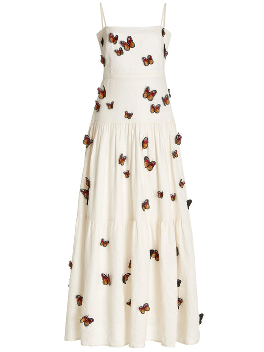 Butterfly Monarca Appliquéd Tiered Linen Dress - Branna Couture