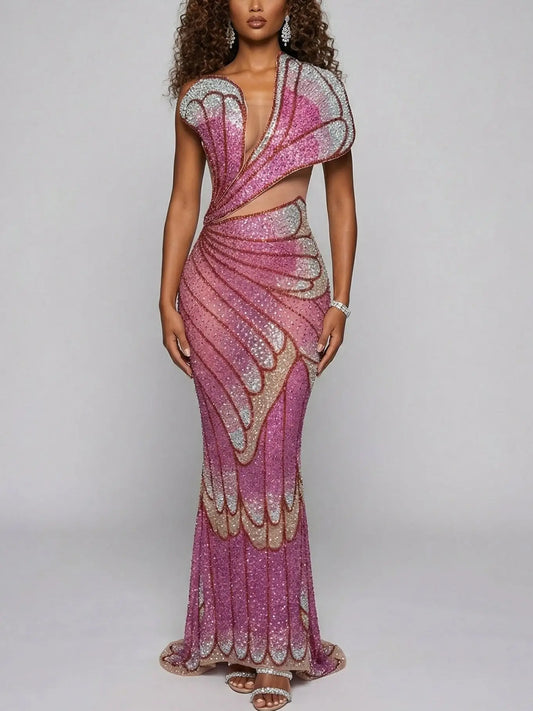Butterfly-Motif Crystal-Embellished Sculptural Gown - S - Dresses