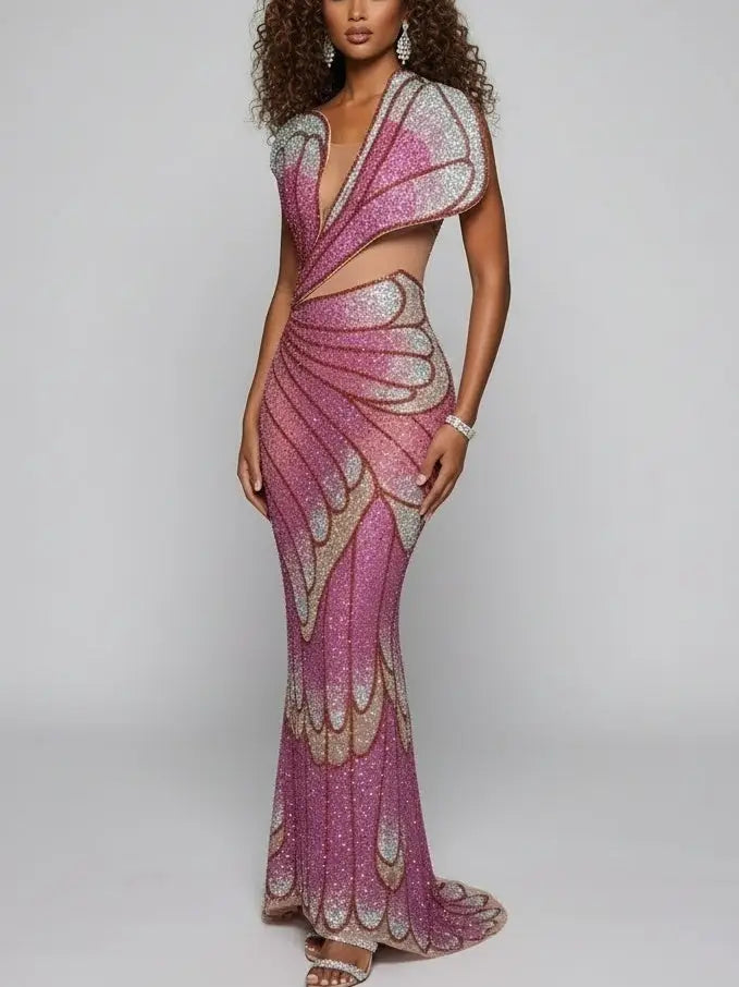 Butterfly-Motif Crystal-Embellished Sculptural Gown - Dresses