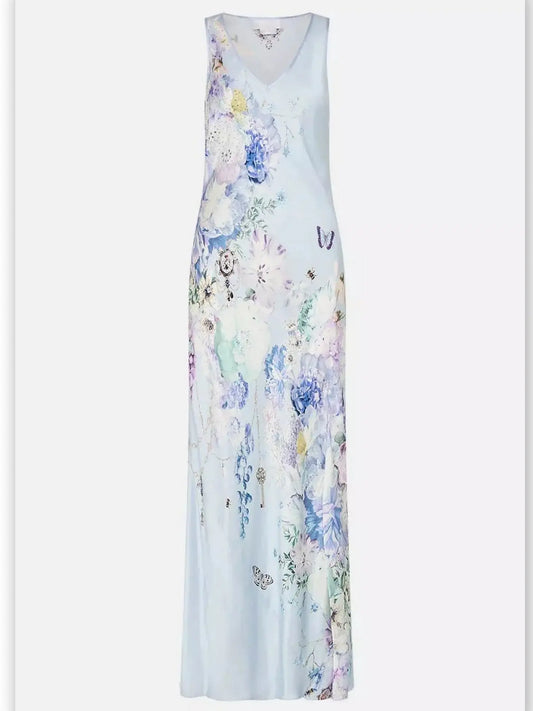 Butterfly and Floral Printed Long Silk Slip Tank Dress in Light Blue - Branna Couture