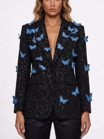 Butterfly Applique Black Single Breasted Blazer - S - Jackets