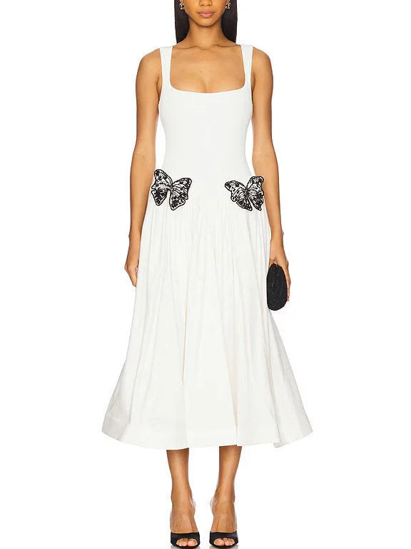 Butterfly Appliqued Knit White Fit & Flare Dress - XS - Dresses