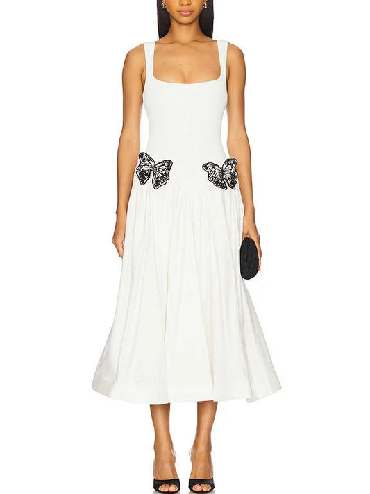 Butterfly Appliqued Knit White Fit & Flare Dress - XS - Dresses
