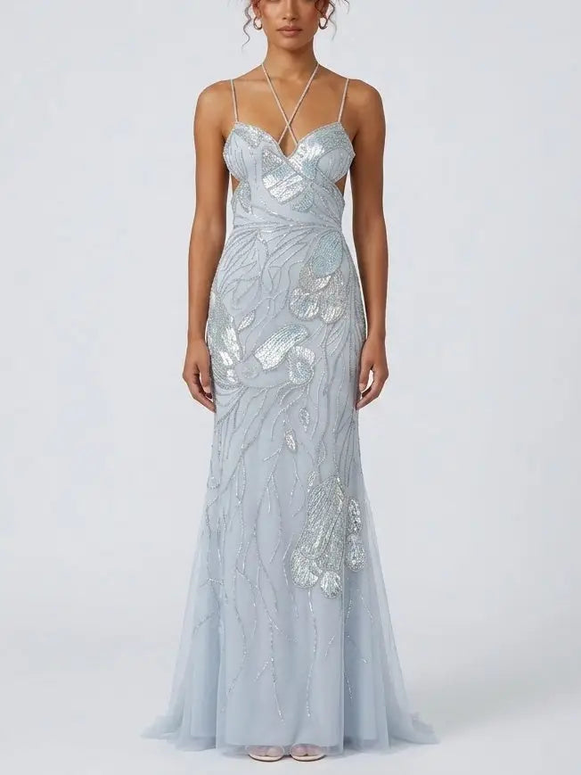 Butterfly Wing Embroidered Tulle Evening Gown - XS / Ice Blue - Dresses
