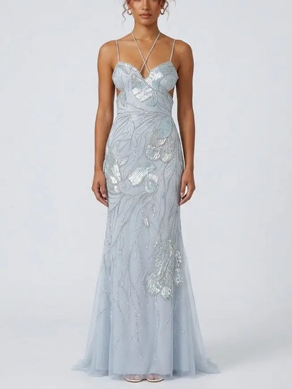 Butterfly Wing Embroidered Tulle Evening Gown - XS / Ice Blue - Dresses