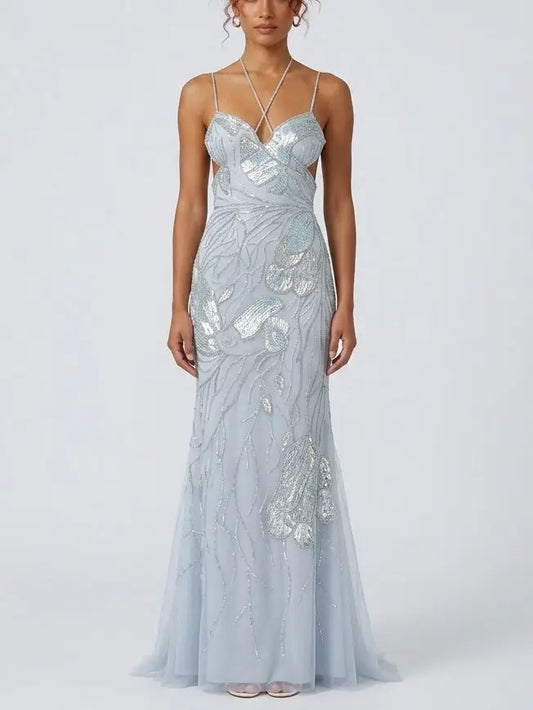 Butterfly Wing Embroidered Tulle Evening Gown - XS / Ice Blue - Dresses
