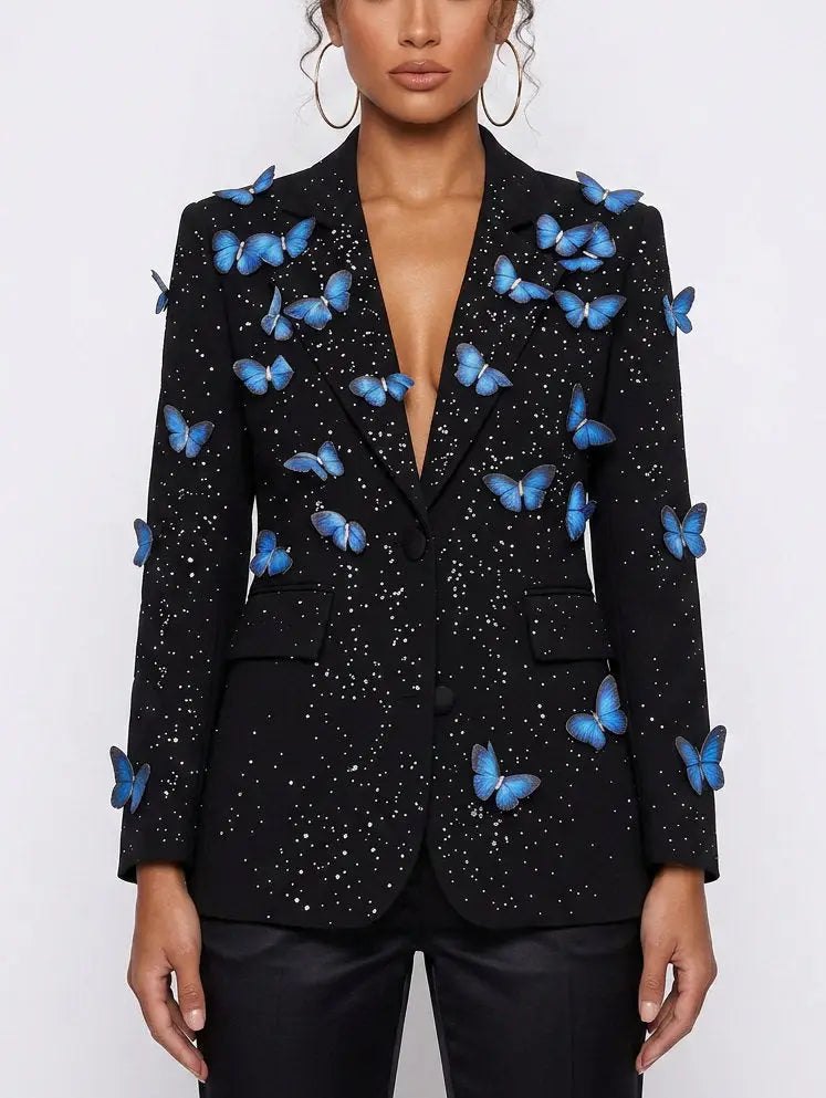 Butterfly Applique Black Single Breasted Blazer - Jackets
