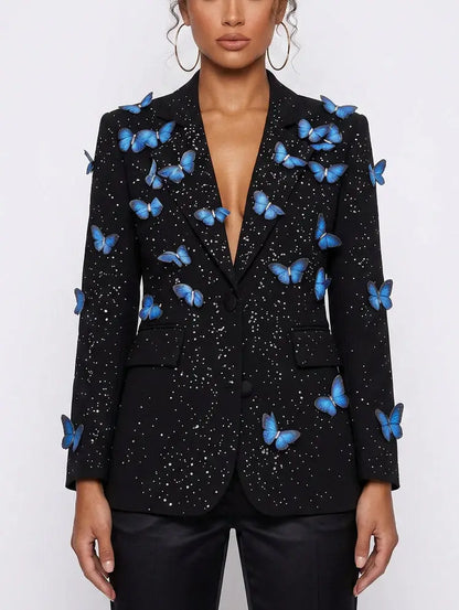 Butterfly Applique Black Single Breasted Blazer - Jackets