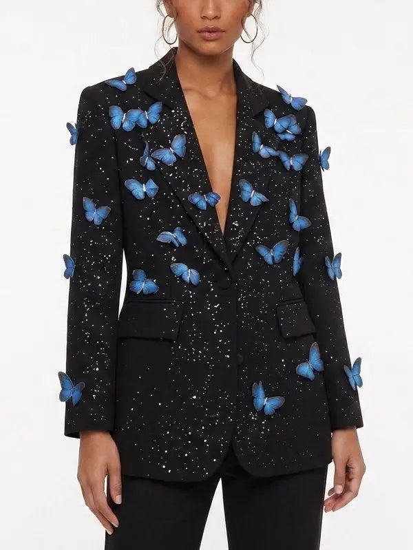 Butterfly Applique Black Single Breasted Blazer - Jackets