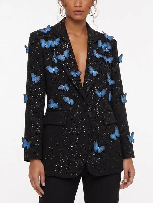 Butterfly Applique Black Single Breasted Blazer - Jackets
