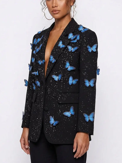 Butterfly Applique Black Single Breasted Blazer - Jackets