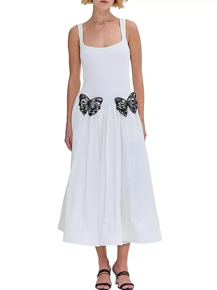 Butterfly Appliqued Knit White Fit & Flare Dress - Dresses