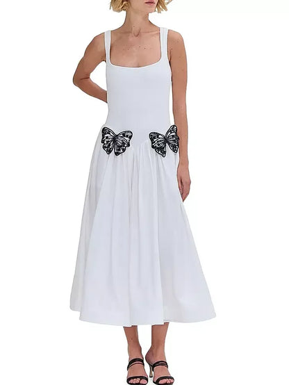 Butterfly Appliqued Knit White Fit & Flare Dress - Dresses