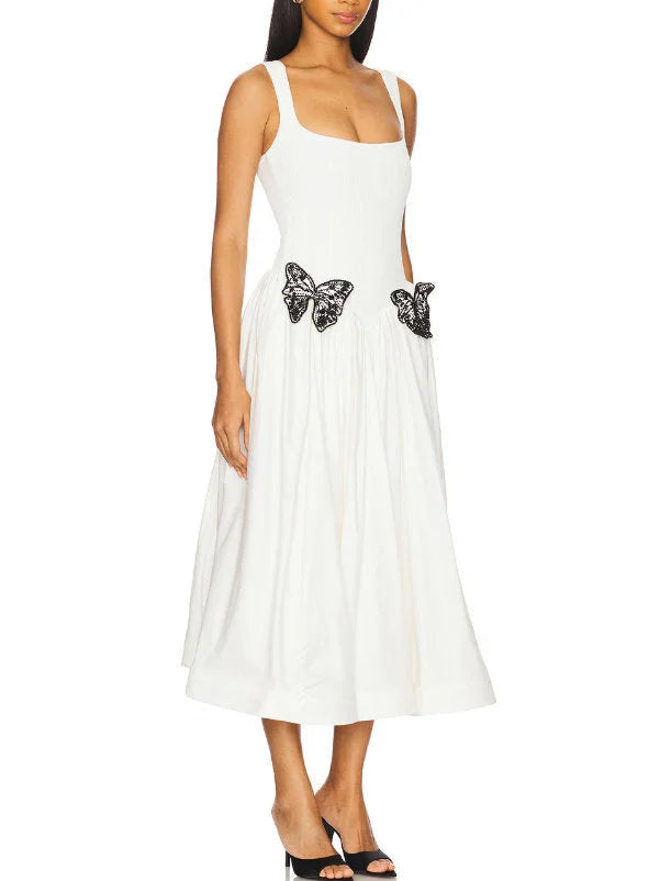 Butterfly Appliqued Knit White Fit & Flare Dress - Dresses
