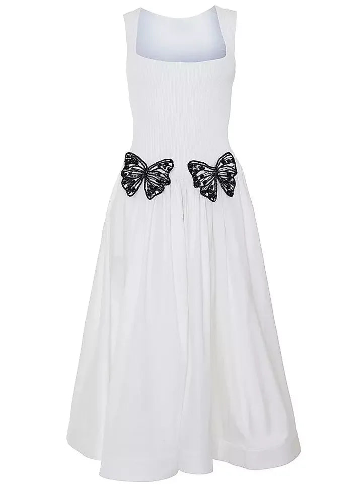 Butterfly Appliqued Knit White Fit & Flare Dress - Dresses