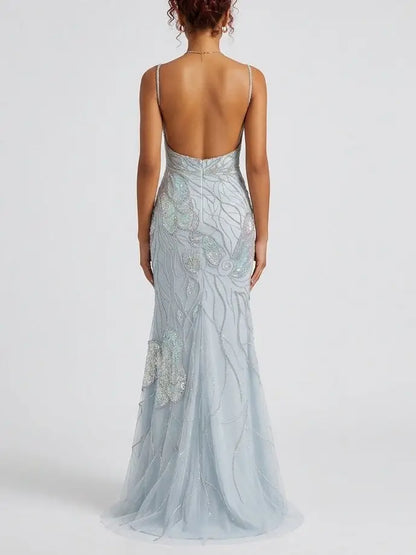 Butterfly Wing Embroidered Tulle Evening Gown - Dresses