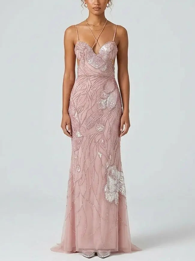 Butterfly Wing Embroidered Tulle Evening Gown - XS / Blush Pink - Dresses