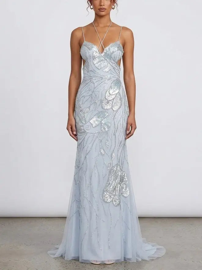Butterfly Wing Embroidered Tulle Evening Gown - Dresses
