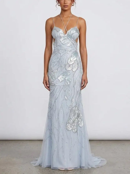 Butterfly Wing Embroidered Tulle Evening Gown - Dresses