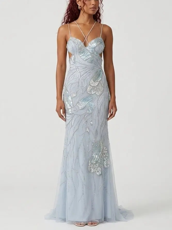 Butterfly Wing Embroidered Tulle Evening Gown - Dresses