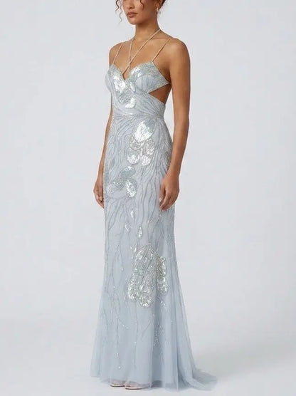 Butterfly Wing Embroidered Tulle Evening Gown - Dresses