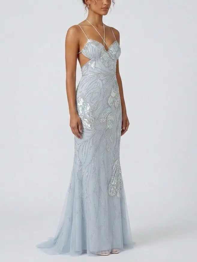 Butterfly Wing Embroidered Tulle Evening Gown - Dresses