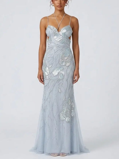 Butterfly Wing Embroidered Tulle Evening Gown - Dresses