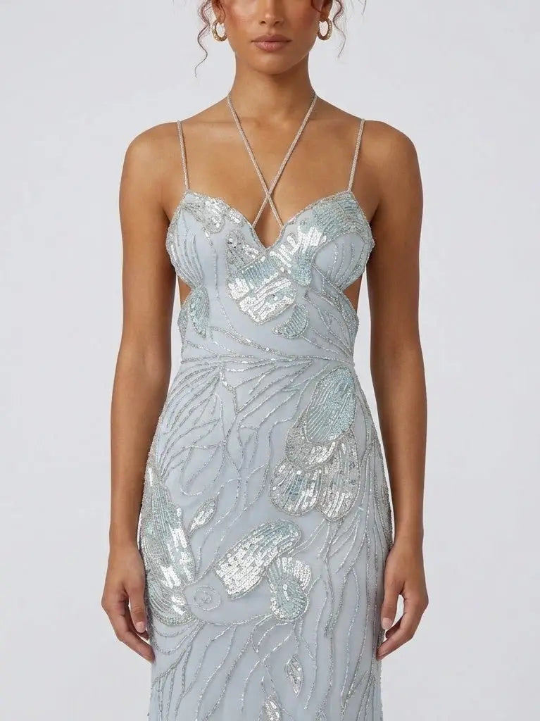 Butterfly Wing Embroidered Tulle Evening Gown - Dresses