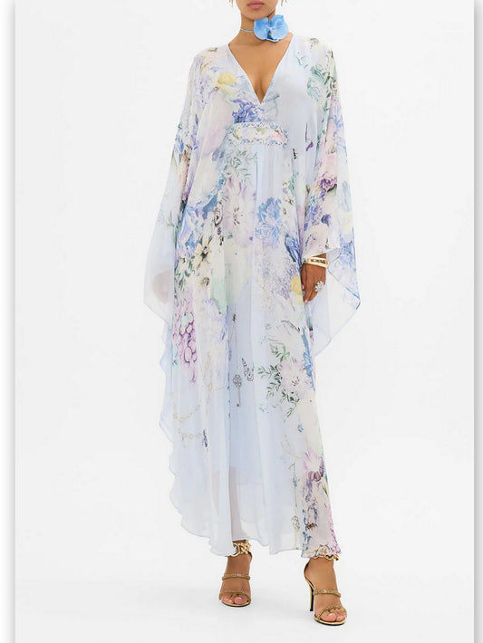 Butterfly and Floral Printed Long Light Blue Kaftan Dress with Waist Detail - Branna Couture