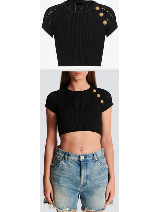 Button-Detail Black Crop Top - Branna Couture