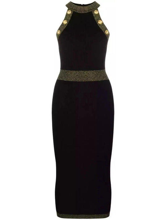 Button-Detailed Halter-Neck Knitted Midi Dress, Black - Branna Couture