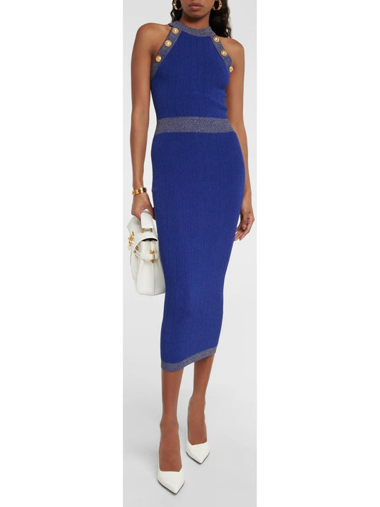 Button-Detailed Halter-Neck Knitted Midi Dress, Blue - Branna Couture