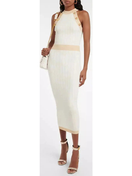 Button-Detailed Halter-Neck Knitted Midi Dress, White - Branna Couture