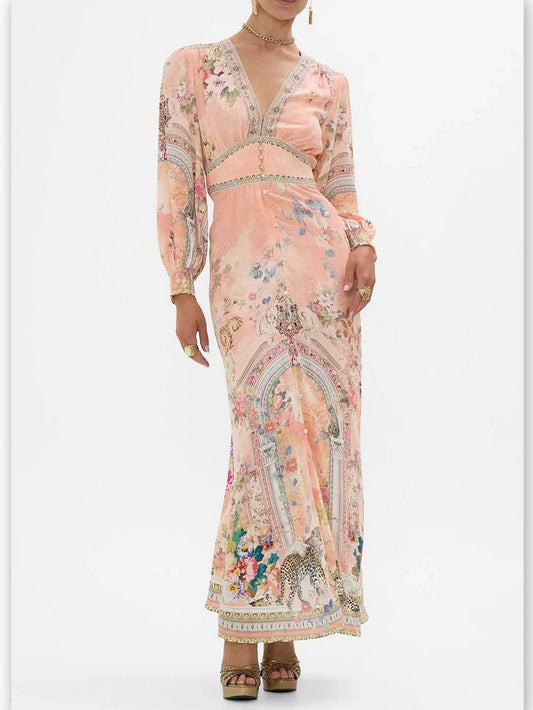 Button-Down Printed Silk Dress with Shaped Waistband - Branna Couture