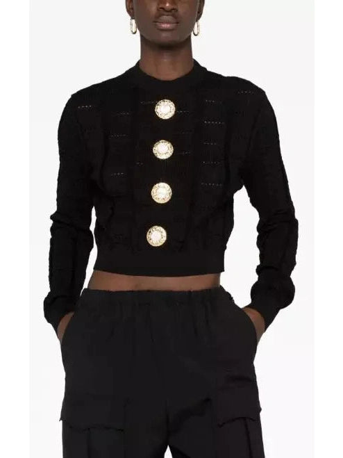 Button-Embellished Black Cropped Sweater - Branna Couture