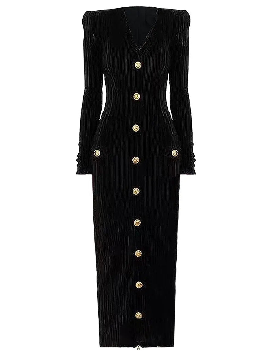 Button-Embellished Corduroy Velvet Dress In Black - Branna Couture