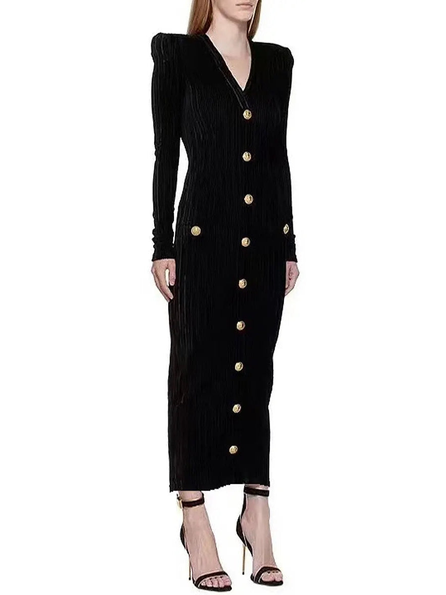 Button-Embellished Corduroy Velvet Dress In Black - Branna Couture