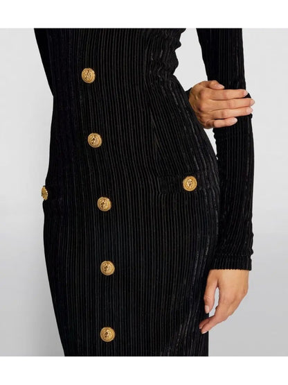 Button-Embellished Corduroy Velvet Dress In Black - Branna Couture