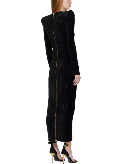 Button-Embellished Corduroy Velvet Dress In Black - Branna Couture