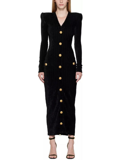 Button-Embellished Corduroy Velvet Dress In Black - Branna Couture