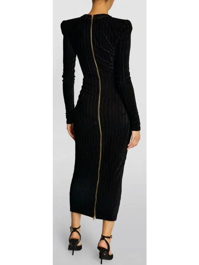 Button-Embellished Corduroy Velvet Dress In Black - Branna Couture