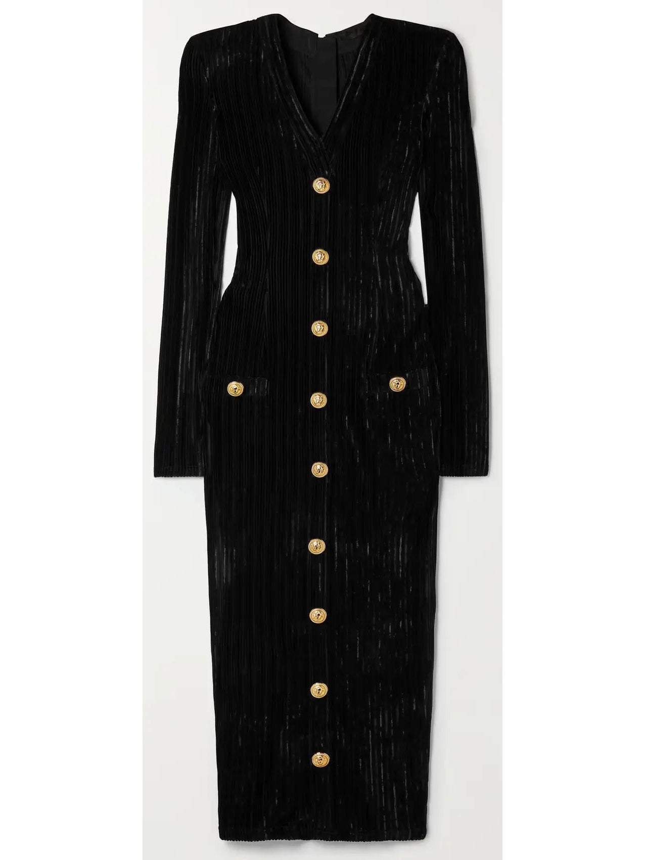 Button-Embellished Corduroy Velvet Dress In Black - Branna Couture